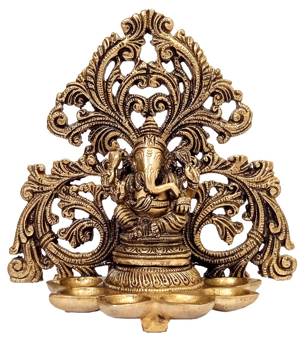 Purpledip Brass Idol Ganesha with 6 Diyas Deepak (Kuthu Vilakku): Royal Design Welcome Decoration Oil Lamp Statue (12506)