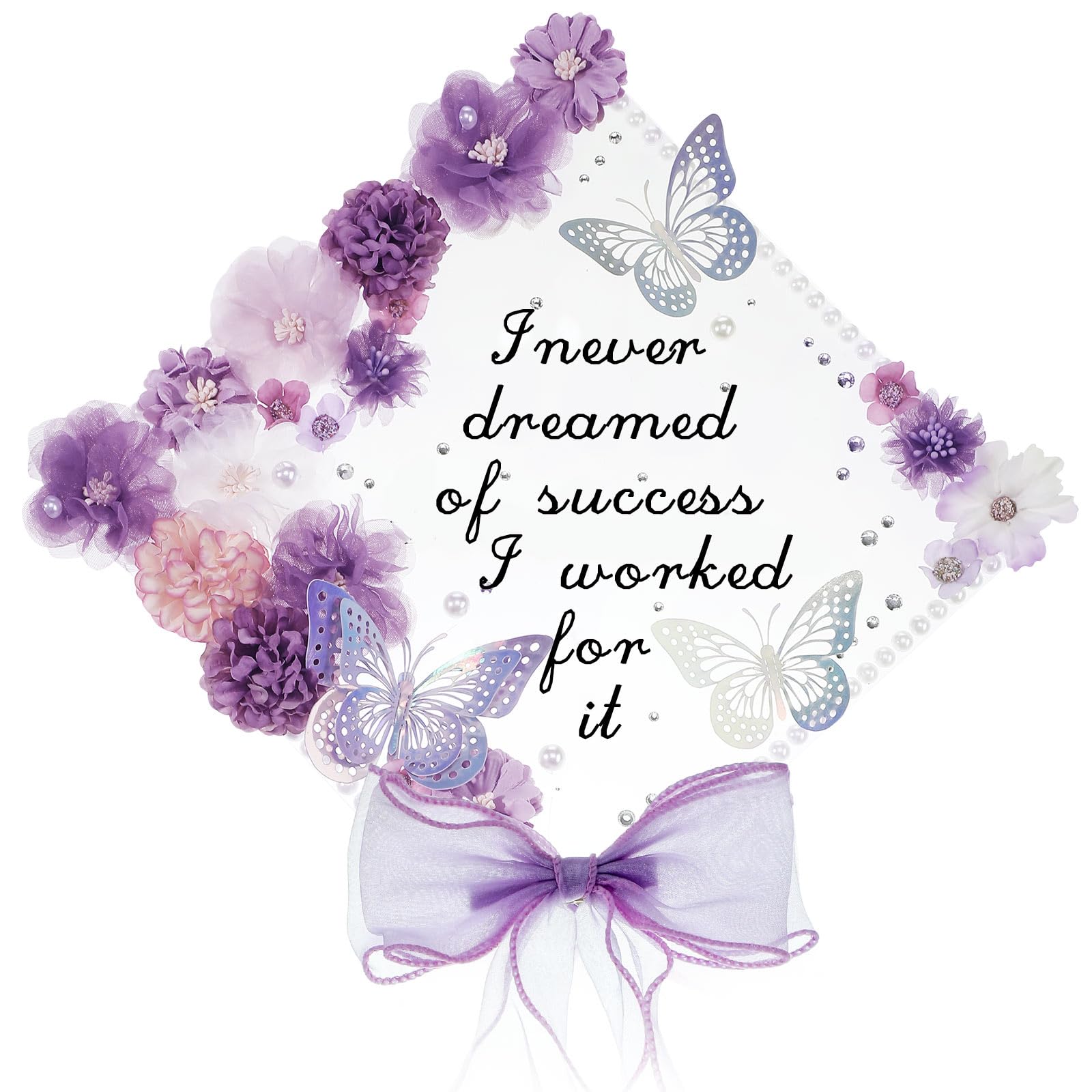 Photo 1 of Solsew 35 Pcs DIY Graduation Cap Decorations Accessory Kit, 3D Artificial Flowers, Butterfly & Alphabet Letter Stickers, Pearl Stickers, Bowknot for Grad Hats Decor(Purple)