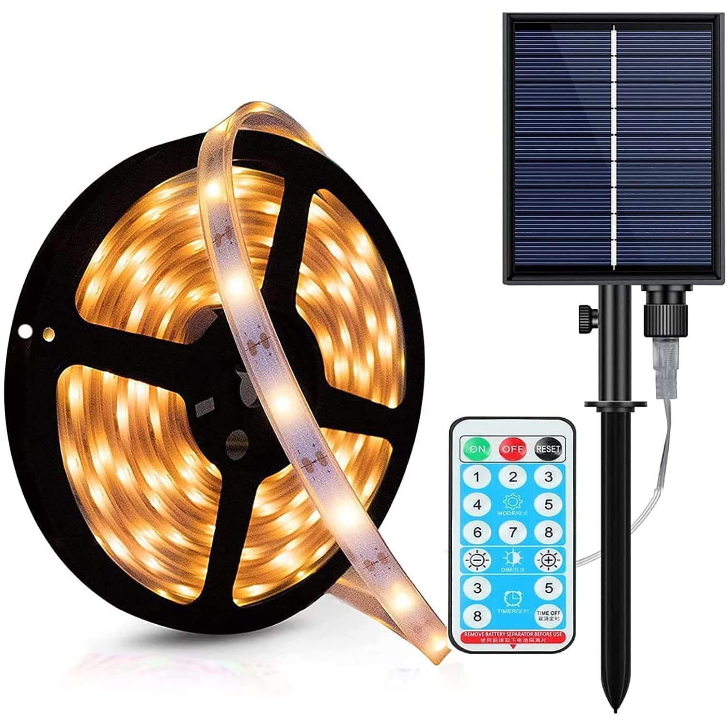SUAVER Solar Strip Lights, Outdoor LED Lights Strip 16.4ft 150LED Waterproof Cuttable Flexible Rope Lights 8 Modes with Remote for Garden Porch Gazebo Pathway Patio Umbrella Decor (Warm White)