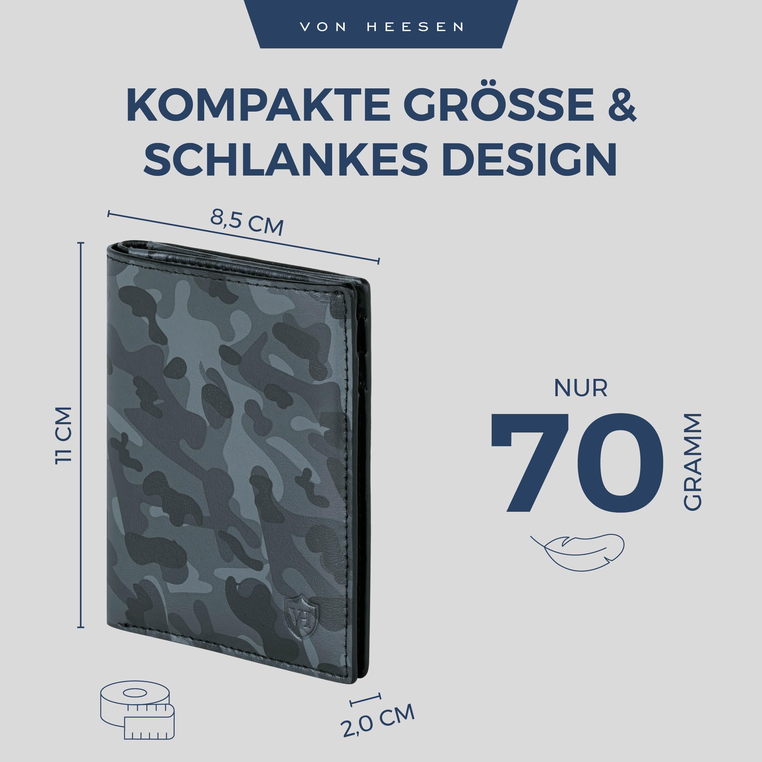 VON HEESEN® Leder Geldbörse Herren mit Münzfach & RFID Schutz I Echtleder Geldbeutel für Männer & Damen I Portemonnaie Brieftasche Wallet Portmonee (Camouflage Grau) 4