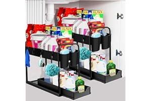 JOUALY Under Sink Organizer and Storage, 2 Tier Cabinet Organizer with 4 Hooks, 2 Hanging Cups and 2 Baskets for Under Sink O