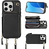 Bocasal Crossbody Wallet Case for iPhone 16 Pro, RFID Blocking Leather Purse Case with Card Holder, Protective Handbag Flip Cover with Zipper Wrist Strap Lanyard for Women 5G 6.3 Inch (Black)