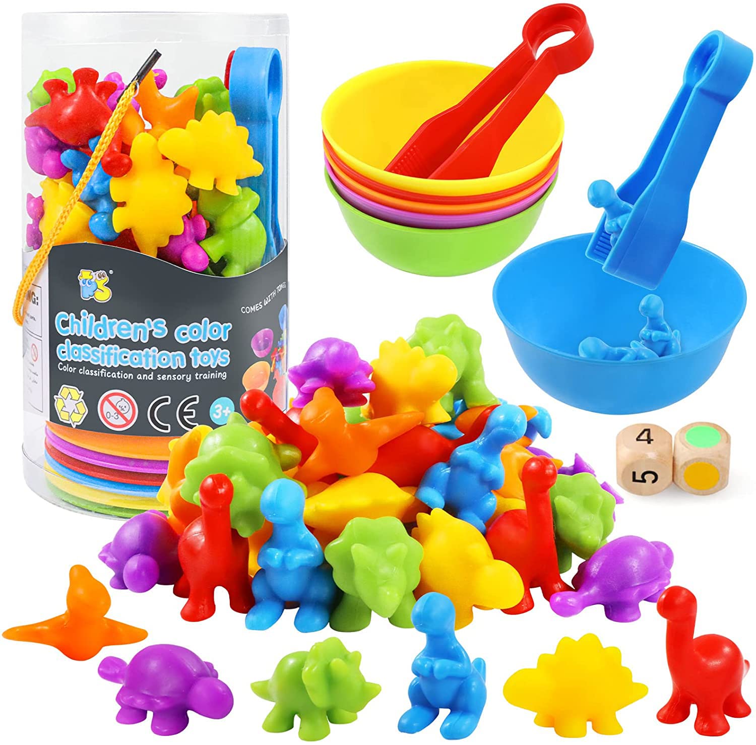 Purphy Rainbow Counting Dinosaurs Toys for 3 4 5 Year Olds, Colour Sorting Games for Toddlers Montessori Educational Toys with Matching Sorting Cups and Tweezers for Boys Girl Children