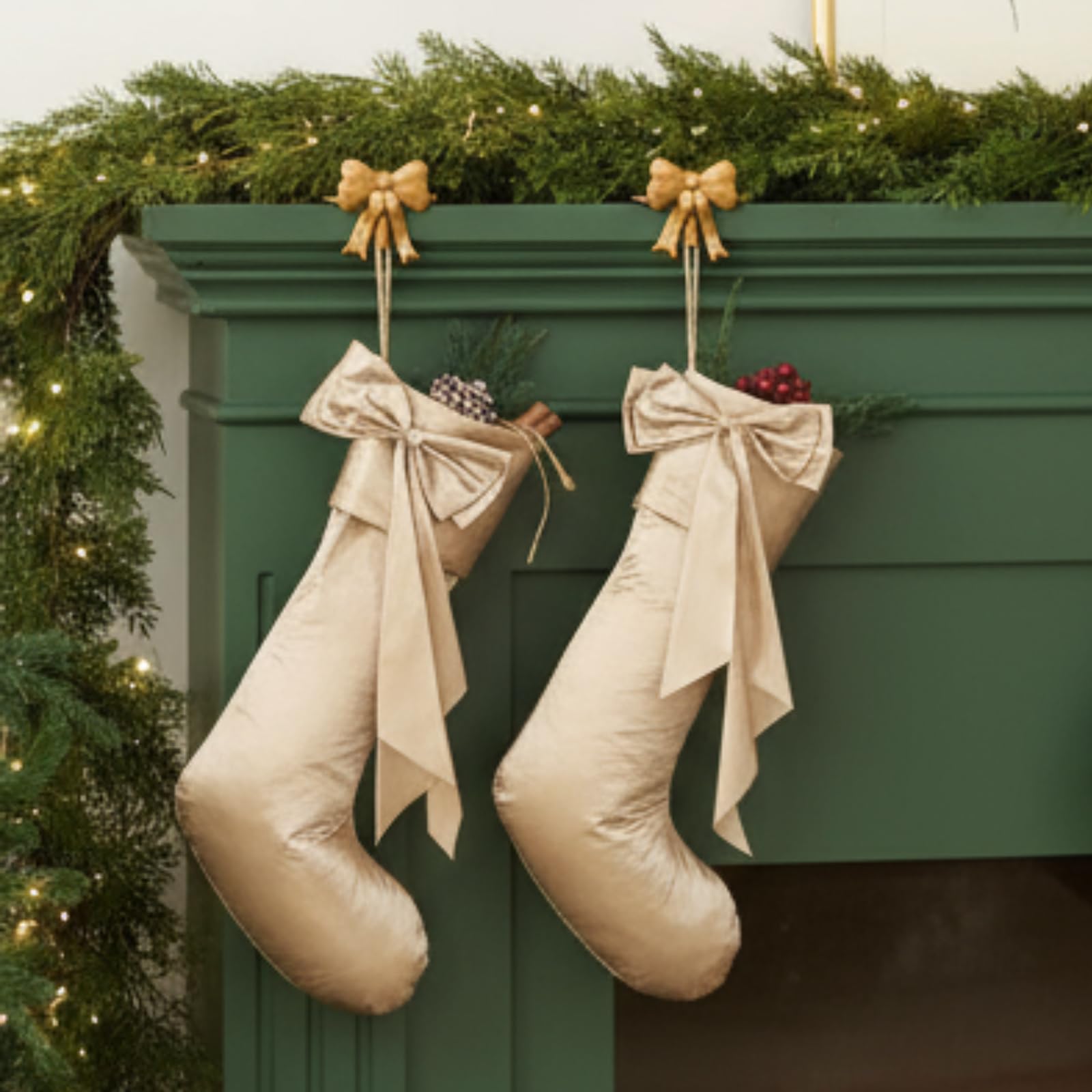 Photo 1 of Seematn 2 Pcs 18" Large Deluxe Satin Champagne Gold Christmas Stocking with Ribbon Bow Xmas Silk Hanging Stockings for Christmas Tree Fireplace Family Holiday Decor