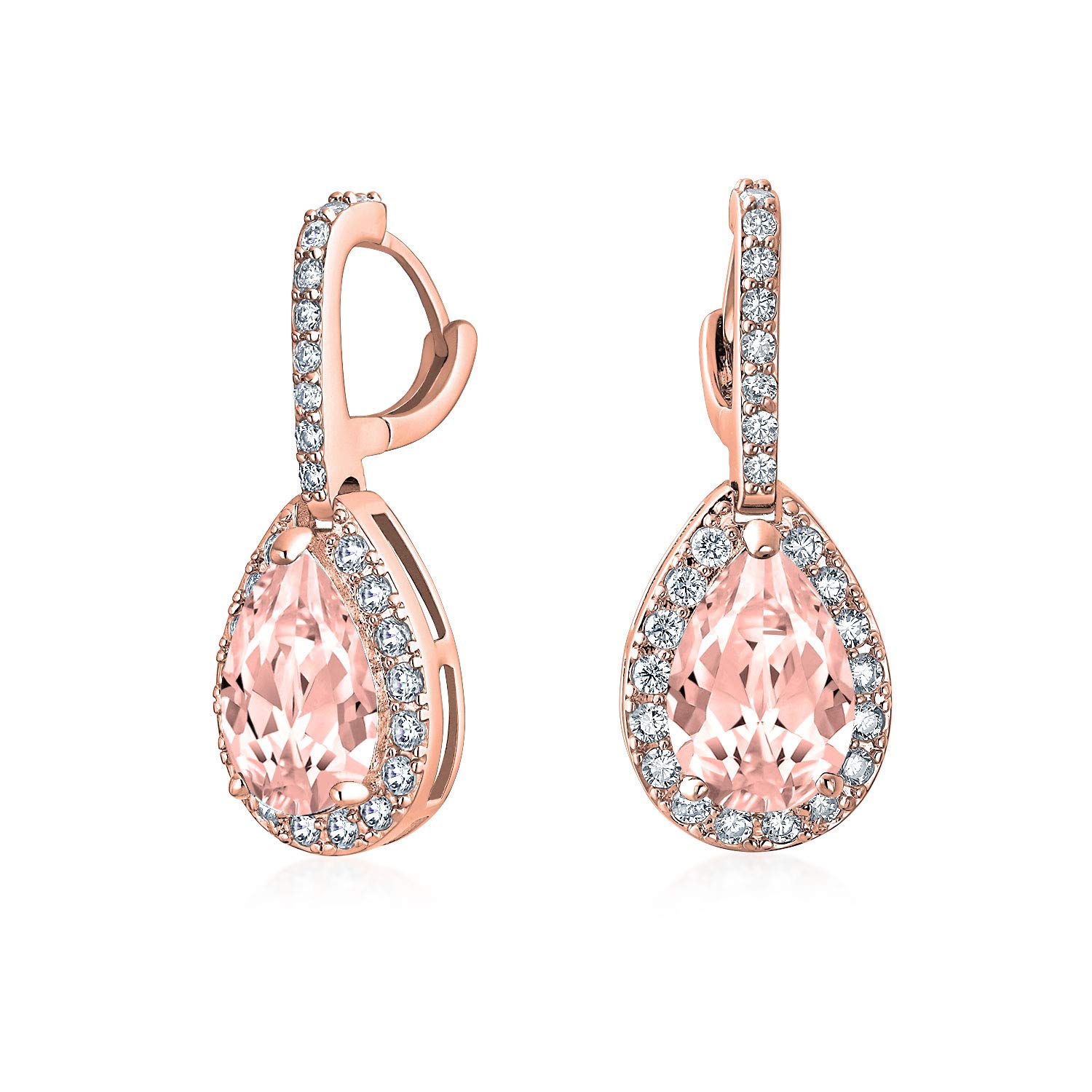Vintage Style Halo Simulated Pink Morganite Roe Cubic Zirconia AAA CZ Fashion Formal Dangle Drop Teardrop Earrings For Women Prom Bridesmaid Wedding Rose Gold Plated