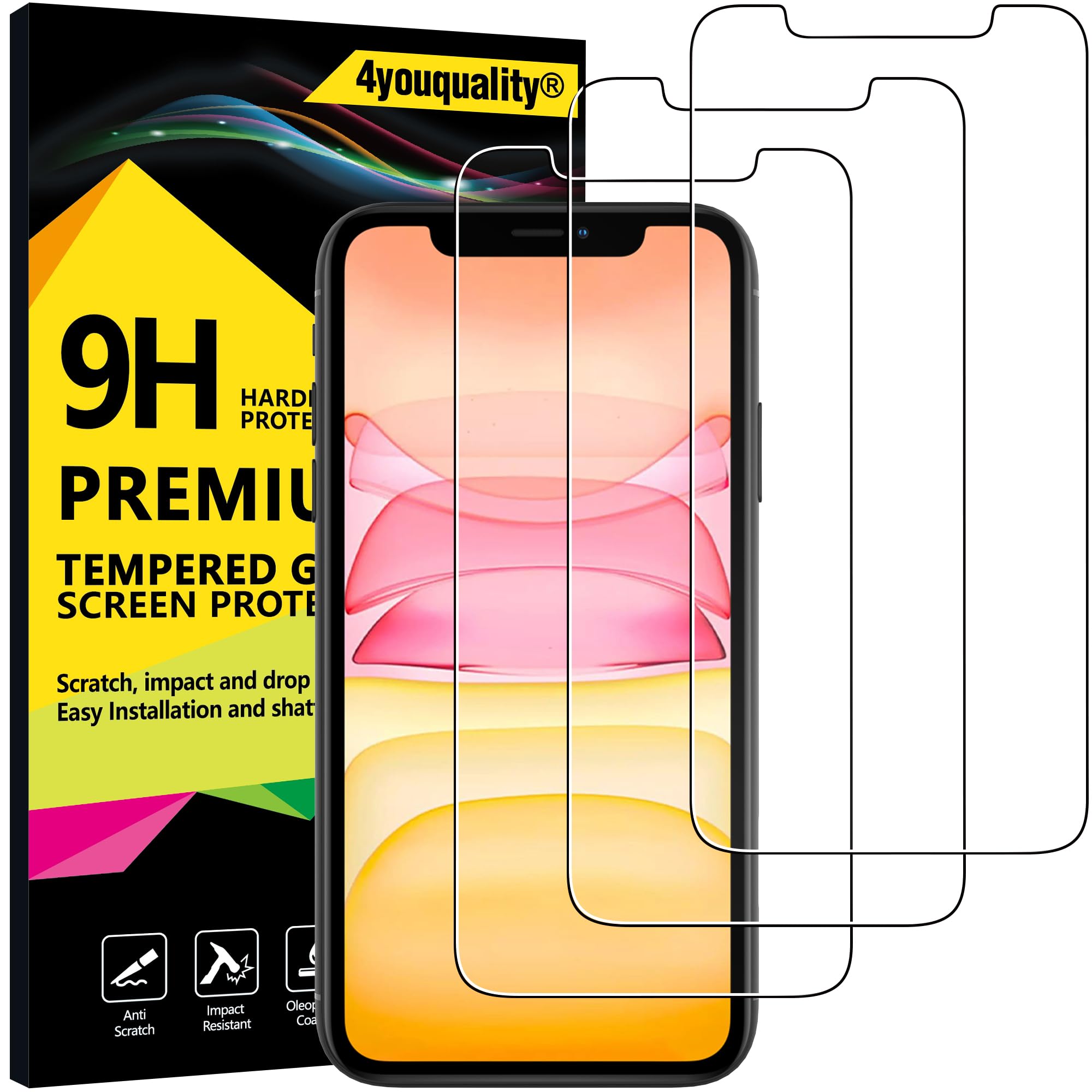 4youquality (3-Pack iPhone 11 & iPhone XR Screen Protector, Tempered Glass Film, [LifetimeSupport][Scratch-Resistant][Anti-Shatter] Screen Protector for iPhone XR & iPhone 11