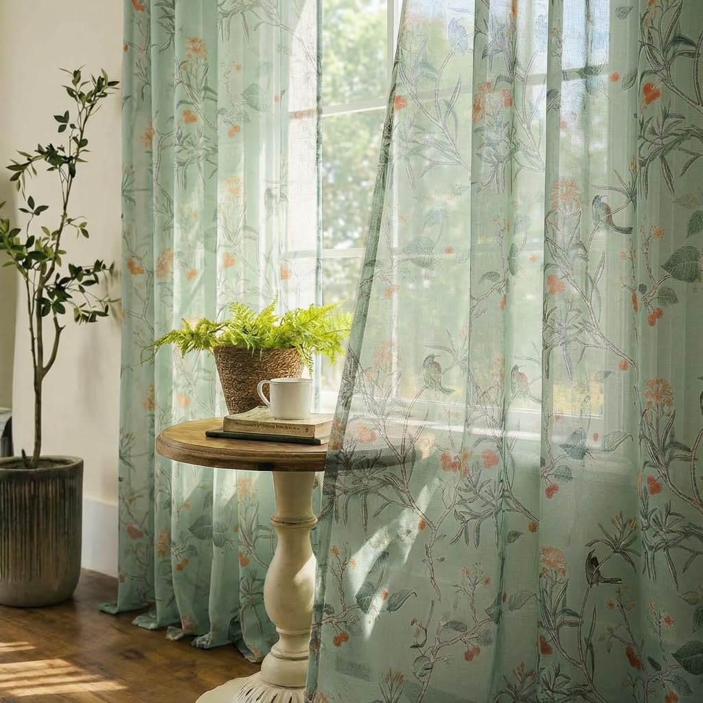 XTMYI Cute Retro Curtains for Bedroom Dining Room,Nature Cottage Core Cottagecore Decor Sheer Decorative Curtains for Kitchen Bathroom Window,63 Inch Length,Sage Green