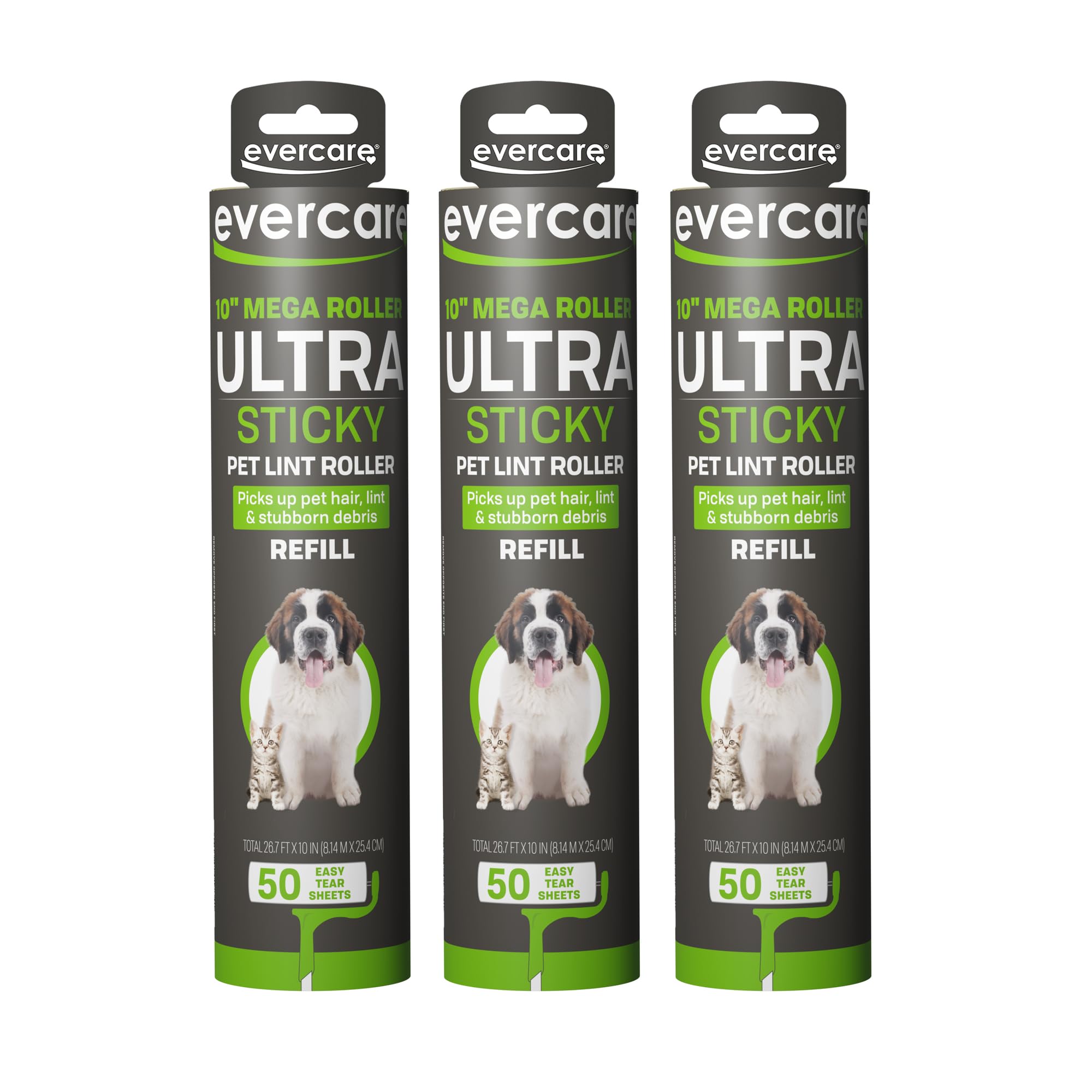 Photo 1 of ***(MISSING DISPENSAR)*** Evercare Pet Mega All-Purpose Oversized Lint Roller Refill Rolls, Pack of 3 Giant Lint Roller Refills with 50 Sheets Each (150 Sheets Total)