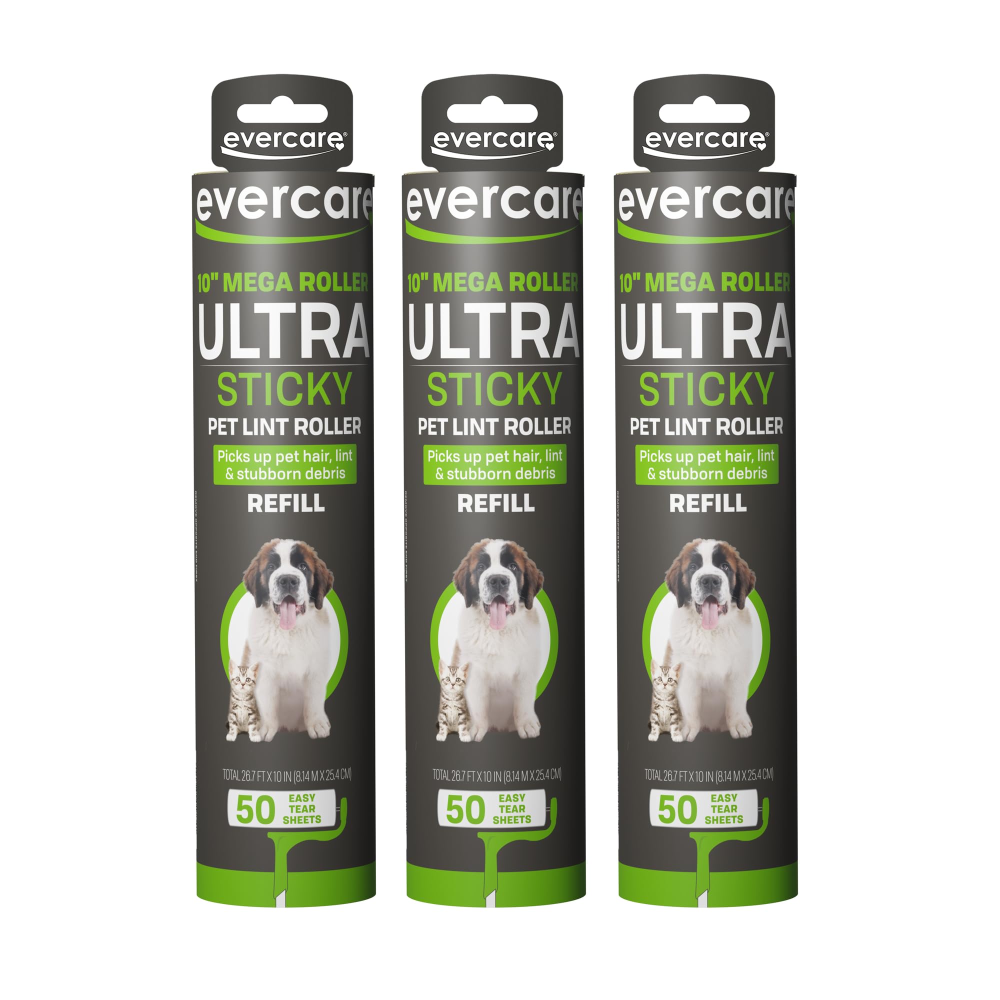 Evercare All-Purpose Pet Mega Oversized Lint Roller Refills, Green, 3-Pack (150 Sheets)