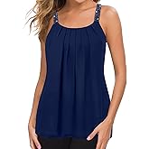 MANER Women's Plus Size Cami Casual Pleated Chiffon Tank Top with Beaded Strap