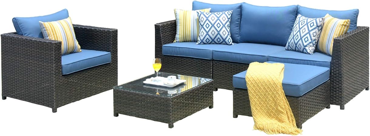 Amazon Com Ovios Patio Furniture Set Big Size Outdoor Furniture 6 Pcs Sets Pe Rattan Wicker Sectional With 2 Pillows And Coffee Table No Assembly Required 6 Piece Big Size Blue Garden Outdoor