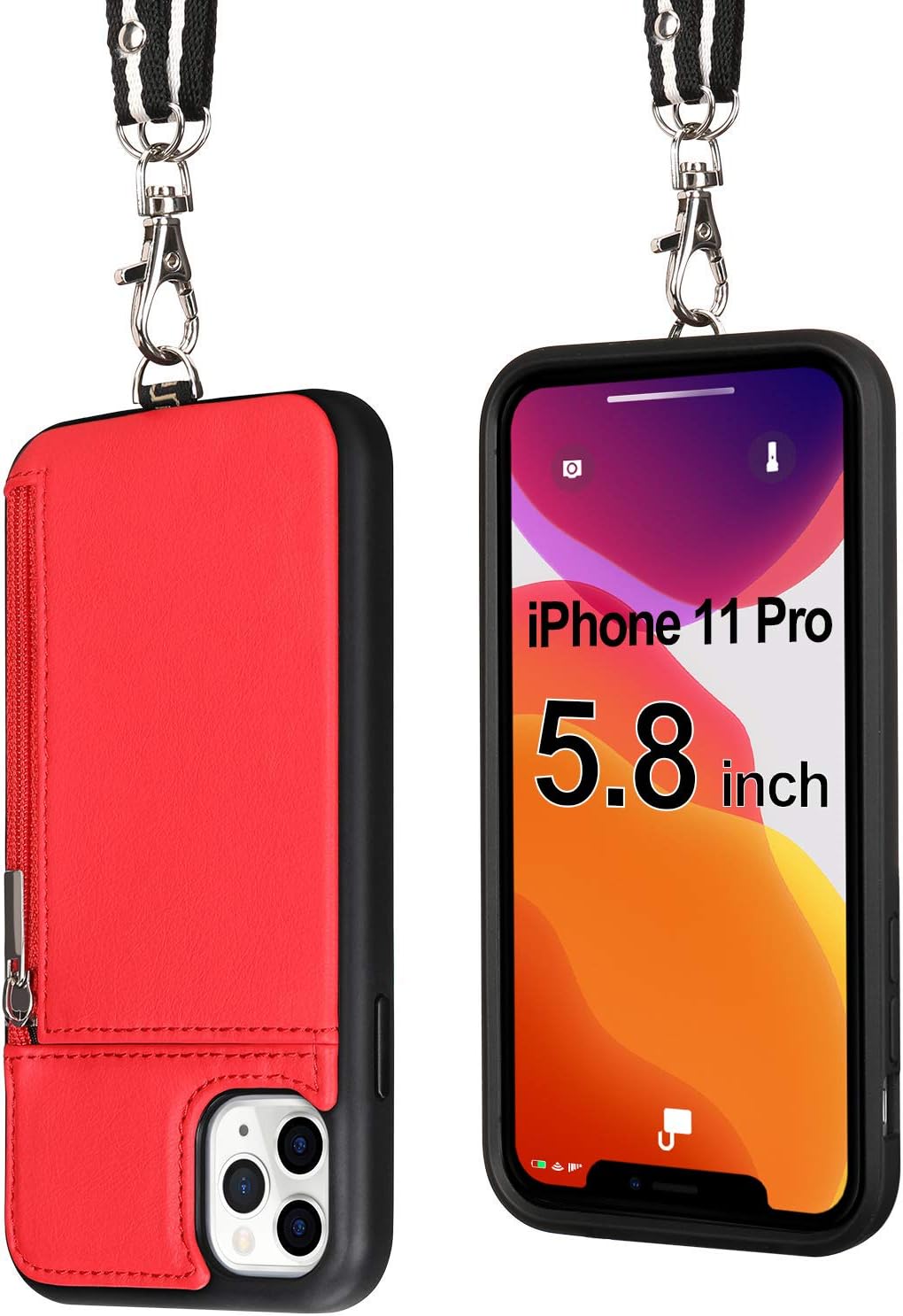 labato iPhone 11 Pro Leather Necklace Lanyard Strap Case with Card Holder, iPhone 11 Pro Leather Wallet Case with Strap Zipper Shockproof Travel Case for Apple iPhone 11 Pro 5.8 inch Red