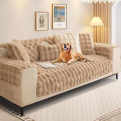 SHANNA Thick Rabbit Plush Sofa Cover 1 2 3 Seater Khaki 90x90cm Non-Slip