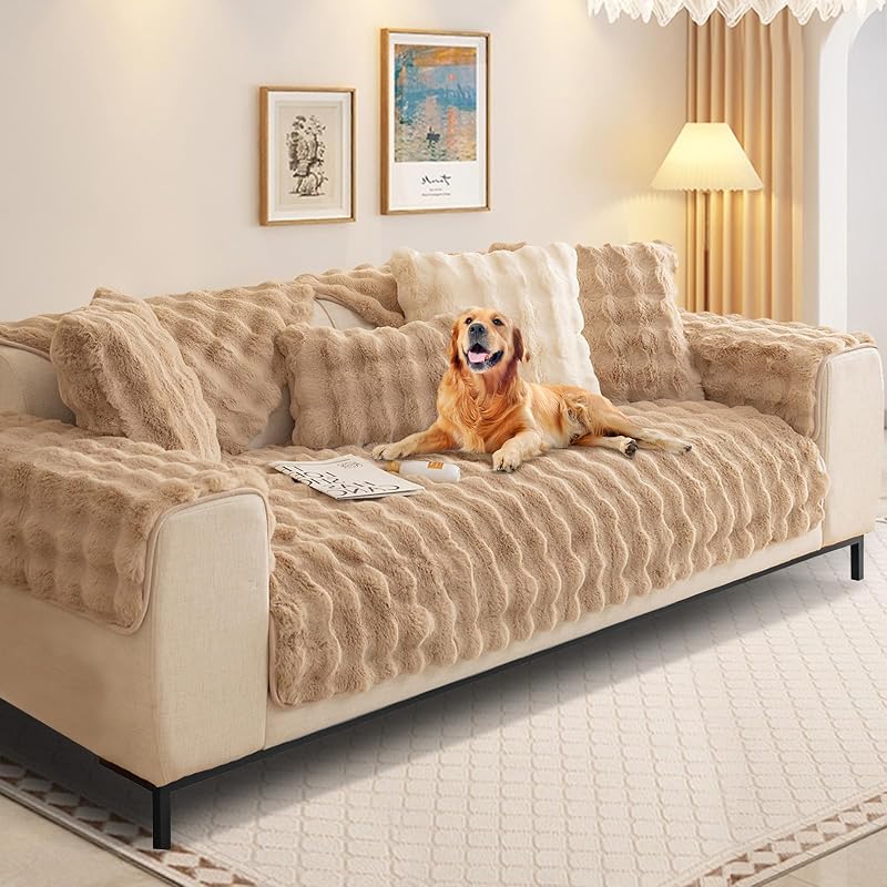 SHANNA Thick Rabbit Plush Sofa Cover 1 2 3 Seater Khaki 90x90cm Non-Slip