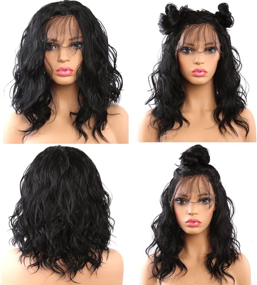Helene Glueless Lace Front Wigs Short Bob Natural Wave Realistic Looking Natural Synthetic Lace Front Wig Natural Hairline Heat Resistant Fiber Wig for Women with Baby Hair (16 Inch Black Color)