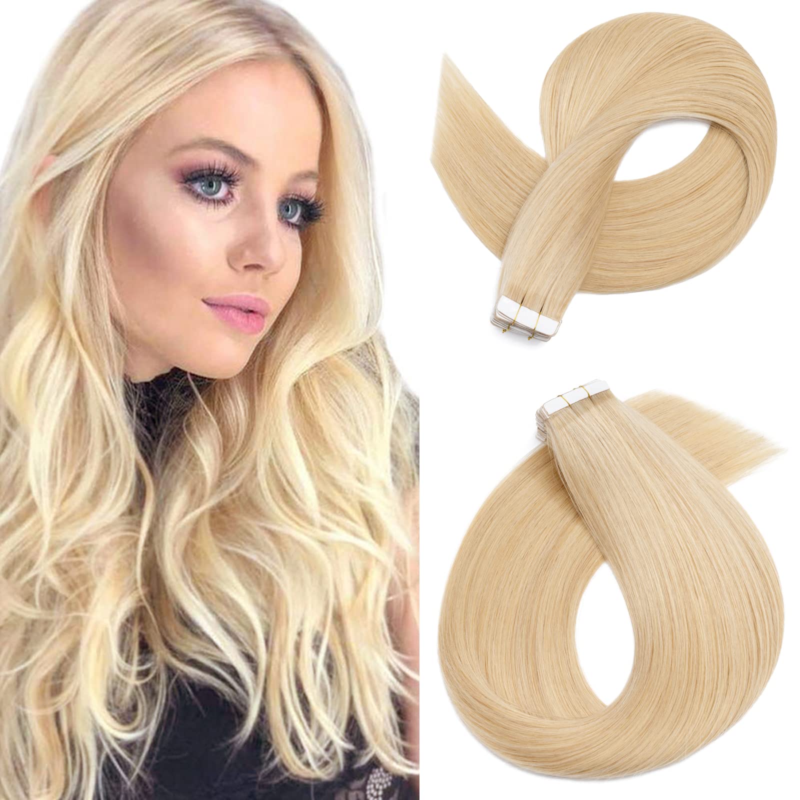 Silk-co Invisible Tape in Hair Extensions 20pcs Balayage Real Remy Human Hair Skin Weft #24 Natural Blonde (20"-50g)