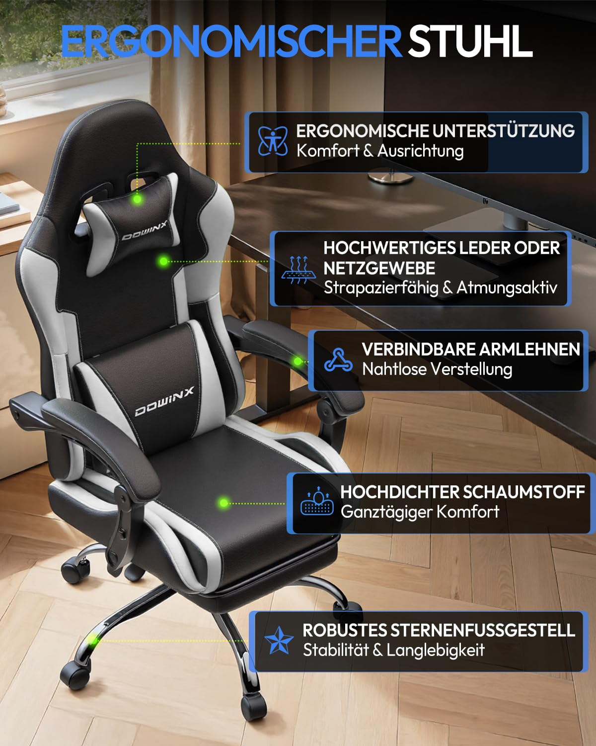 Dowinx Gaming Stuhl Bürostuhl Massage Gaming Sessel mit höhenverstellbaren Linkage-Armlehnen, ergonomischer Gamer Stuhl mit Fußstütze, gepolstert Gaming Chair 150° neigbar bis 180 kg, Weiß 5