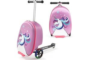 VEVOR Ride-on Luggage, 20 L Capacity, 20 Inches Kids Scooter Suitcase with Flash PU Wheels, Adjustable Handle & TPR Non-Slip Grip, Foldable & Lightweight Scooter Luggage for Kids Aged 5+, Purple