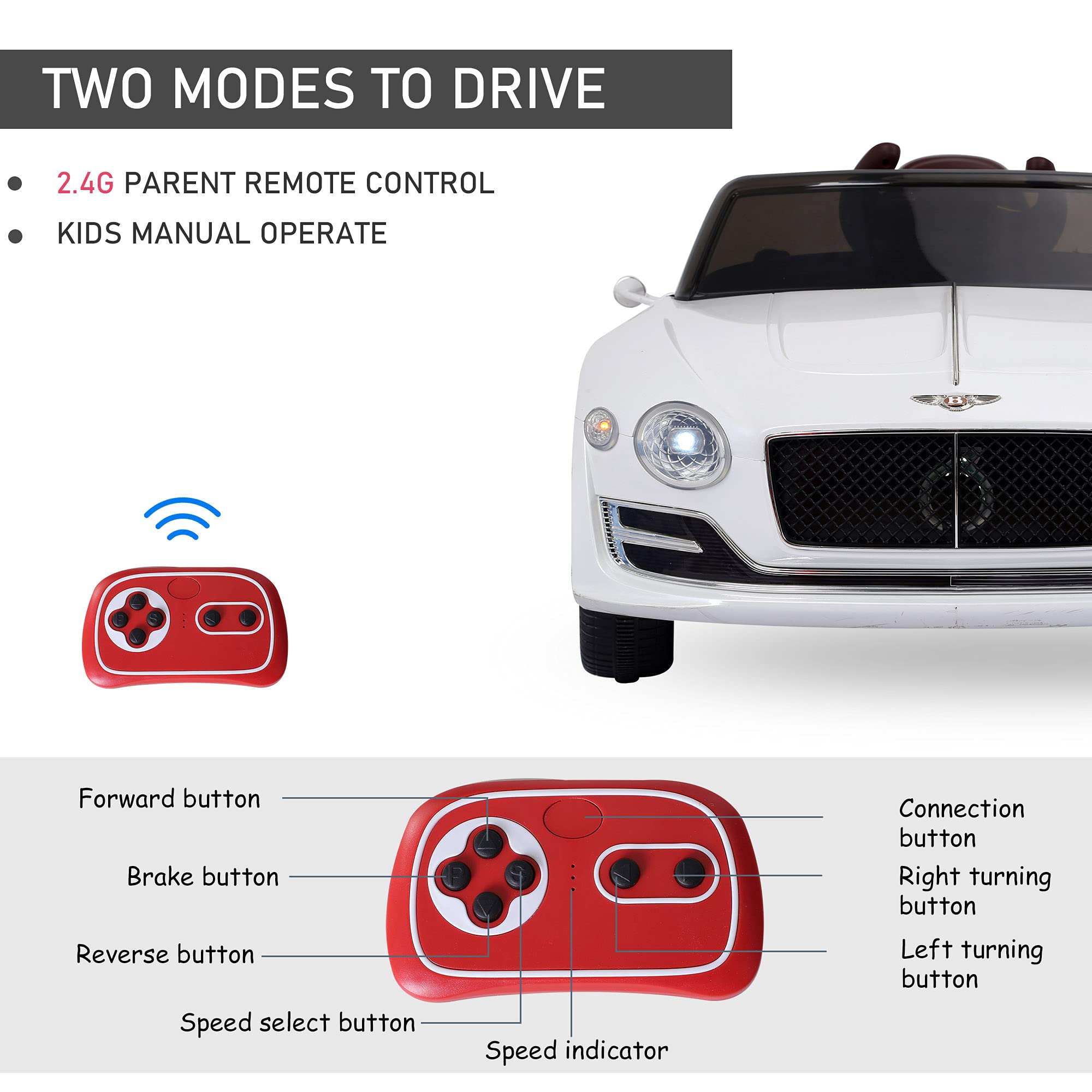 Aosom Licensed Bentley EXP12 Kids Electric Car with Parent Remote Control, 12V Ride on Car with Butterfly Doors, Startup Sound, Suspension, MP3 Player, Songs, Horn, Lights, White