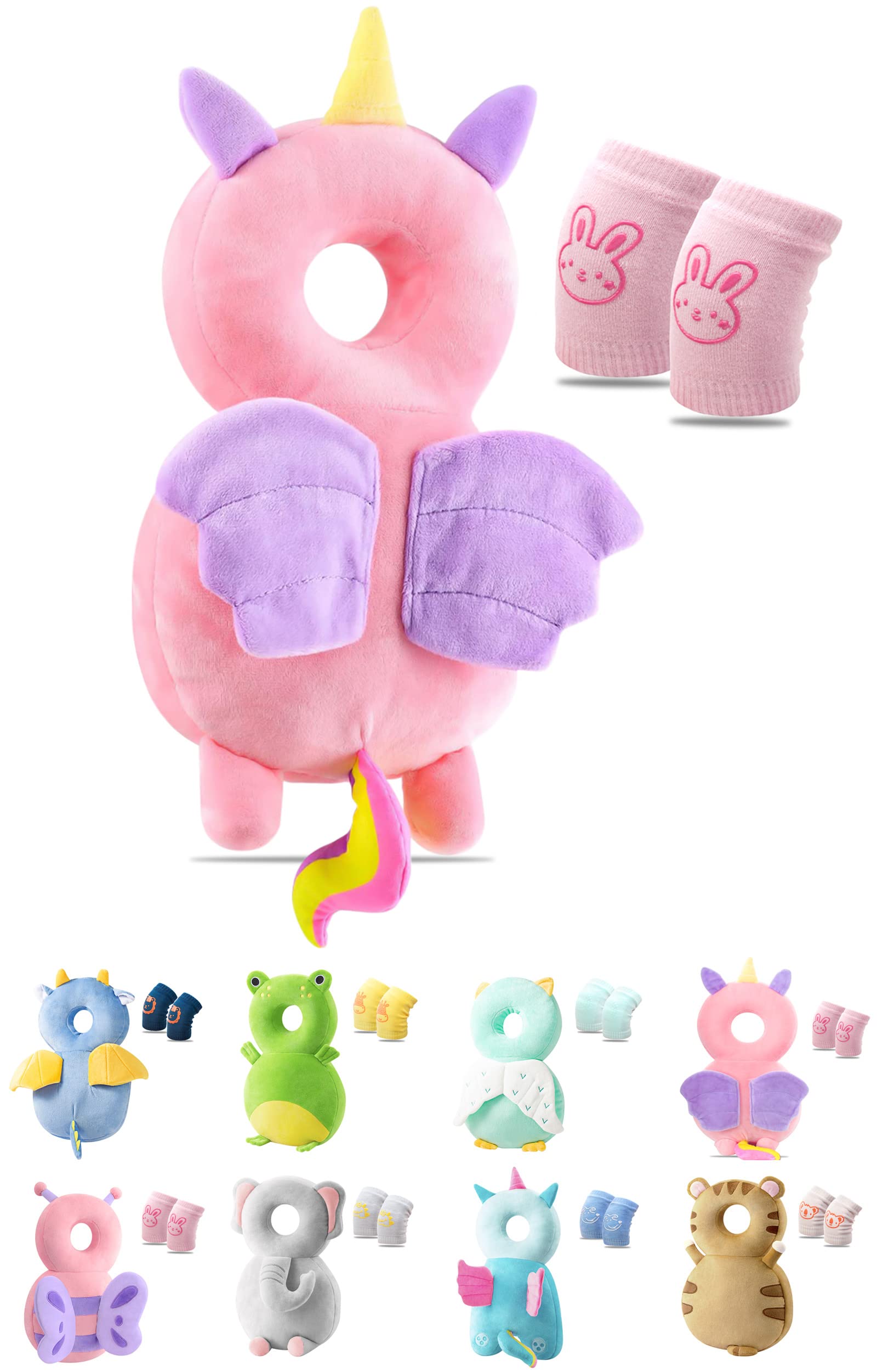 JEJA Baby Head Protector Backpack and Baby Knee Pads for Crawling, Adjustable Head Back Protection Safety Pads Toddler Walking - Pink Horse