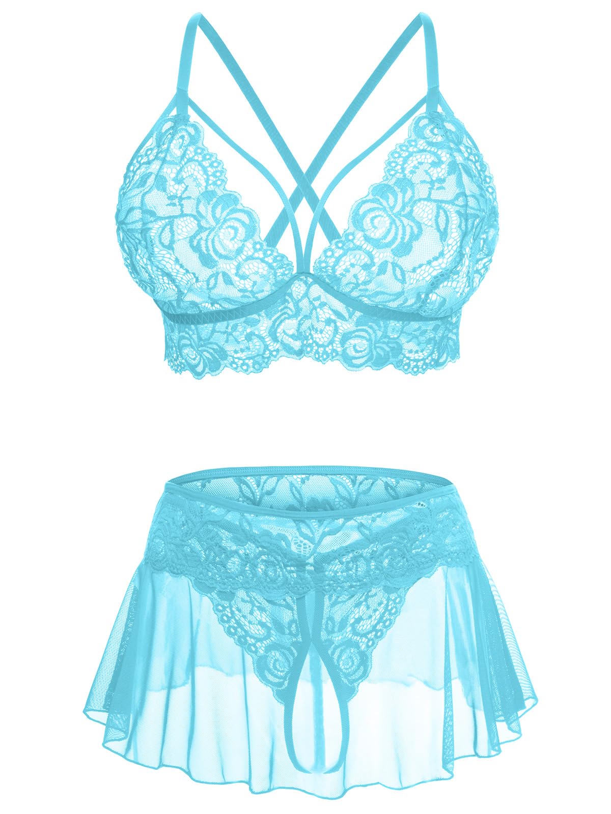 Photo 1 of CRIPOM Sexy Lace Lingerie for Women with Bralette and Mini Skirt, Lingerie Sets for Women Sexy Women's Lingerie Light Blue M