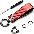 Wevdn Car Key Chain, Carbon Fiber Leather Keychain, 360° Rotatable Key Fob Holder with Anti-lost D-Ring, Car Accessories (Red)