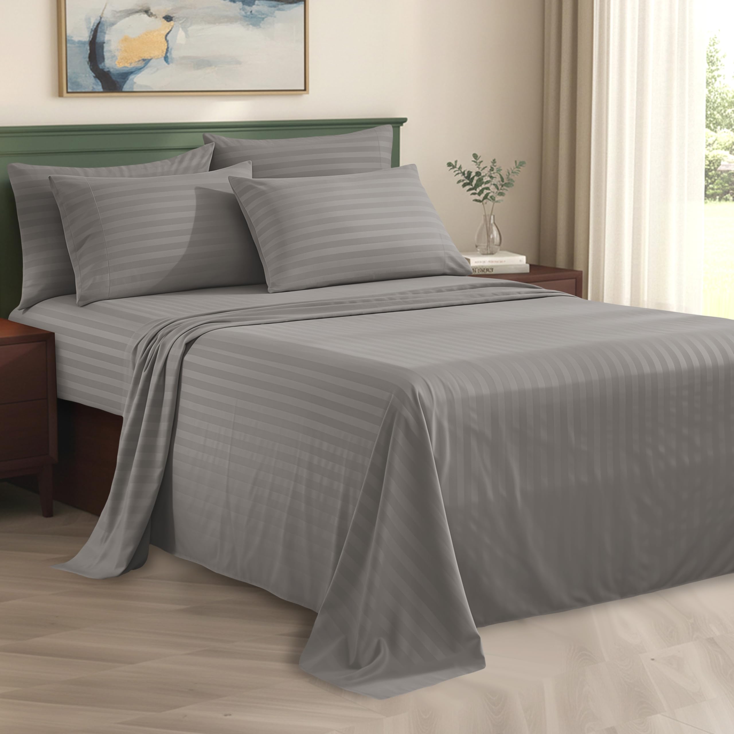 Elegant Comfort Silky-Soft 1500 Thread Count Egyptian Quality Wrinkle-Free 6-Piece STRIPE Sheet Set, King Gray