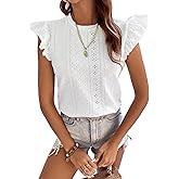 Floerns Women's Eyelet Embroidery Ruffle Cap Sleeve Tee Top Crew Neck Vacation T Shirts