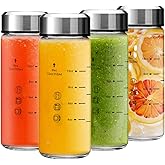 Olivego 12oz Juice Bottles - 4 Pack Wide Mouth Glass Bottles with Lids- BPA Free, Stainless Steel Lids for Juicing, Smoothies, Infused Water, Beverage Storage - Leakproof, Borosilicate, Clear