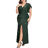 ZOMVA Plus Size Formal Maxi Dress Sparkly Ruched Ruffle Sleeve V Neck Wrap Slit Cocktail Wedding Guest Prom Evening Gown