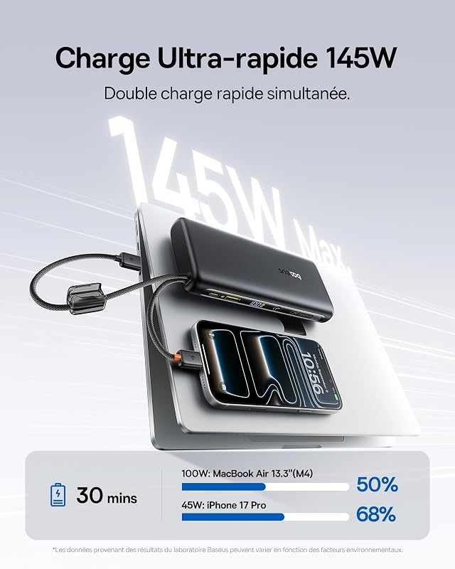 FC41 Batterie Externe 145 W 25000 mAh pour Ordinateur Portable, Charge Rapide avec 2 câbles USB-C intégrés, Batteries externes pour MacBook Pro, iPhone 17/16/15, Dell, HP, SteamDeck, Samsung