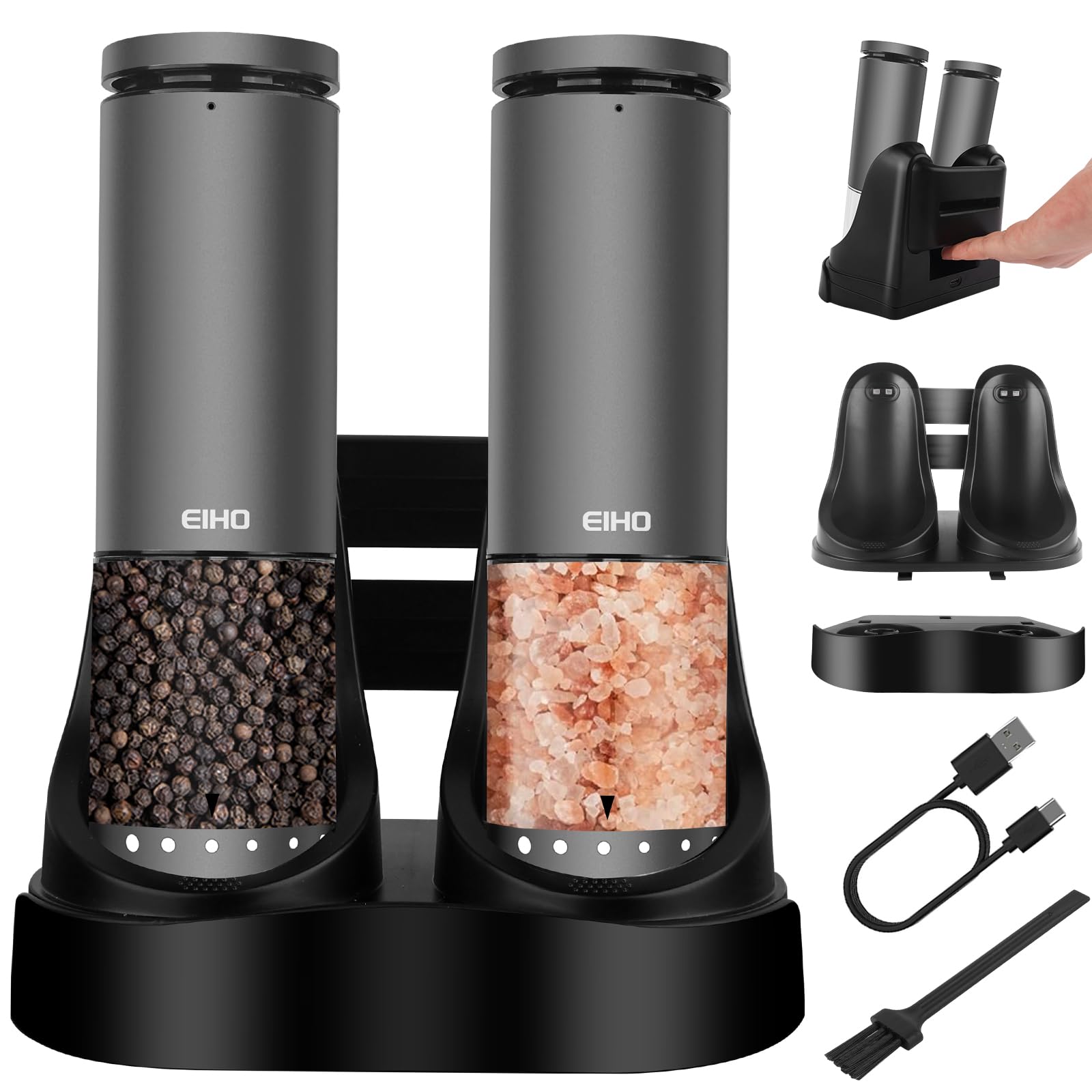Photo 1 of EIHO Electric Salt and Pepper Grinder Set USB Rechargeable, Upgraded External Adjustable Coarseness, Aluminum Alloy Automatic Salt and Pepper Shakers Mills with LED Light, House Warming Cooking Gifts
