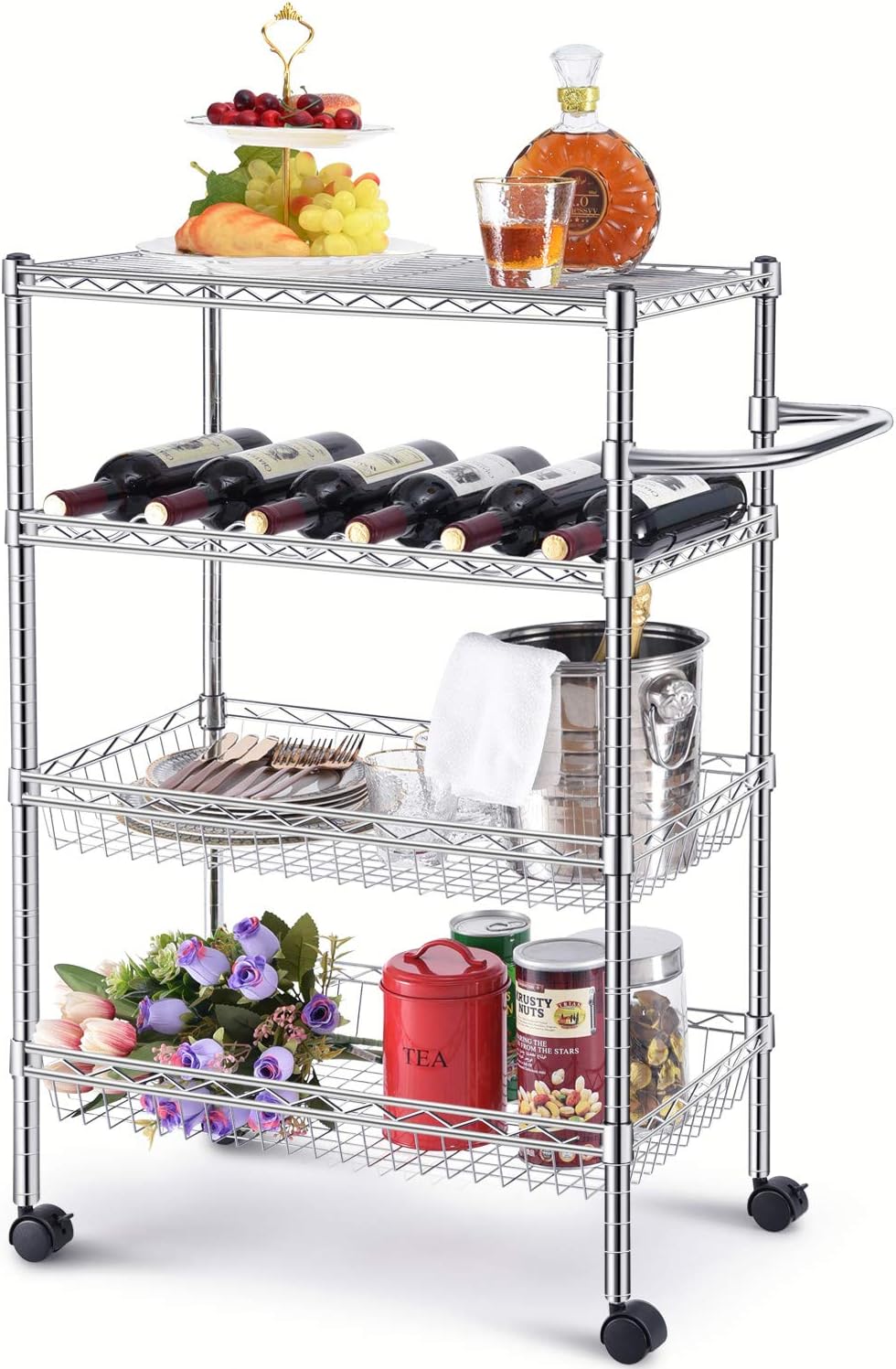 TOOLF Rolling Utility Cart ,4-Tier Storage Wire Racks, Height Adjustable Organizer, Wide Shelving Unit for Hotel, Restaurant, Home, Kitchen