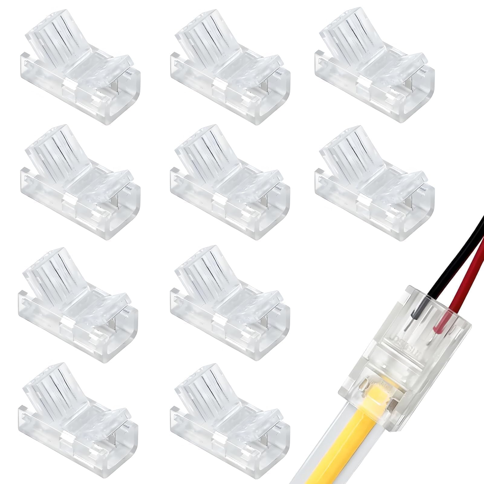 PosyLane 10Pcs 2-Pin 8mm COB LED Light Strip Connectors, Unwired Solderless Gapless Strip to Wire Adapter, LED Wire Crystal Buckle Connector for Waterproof Single Color Light Strip Quick Connection