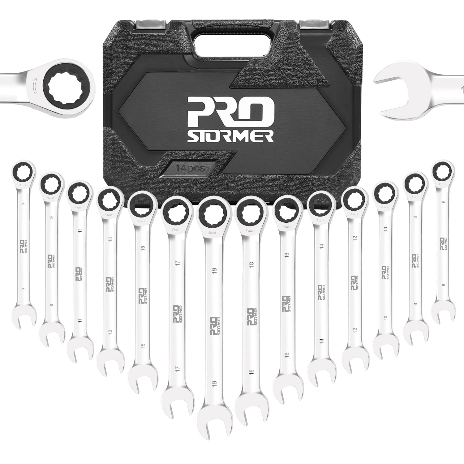 Prostormer 14-Piece Ratcheting Combination Wrench Set, 6-19mm Metric Ratchet Wrenches Combo, Cr-V Steel, 72-Tooth Wrench Kit with Storage Case Image