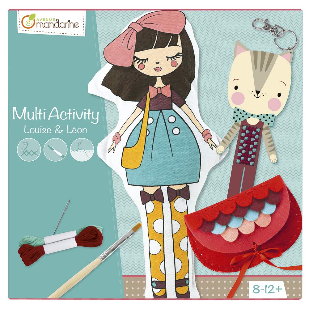 Avenue Mandarine - Ref KC018O - Multi Activity' Hanging Doll to Paint and Keychain - Louise & Léon - Pre-Drilled Felt Elements, Paint & Brush Included, Suitable for Ages 8-12+