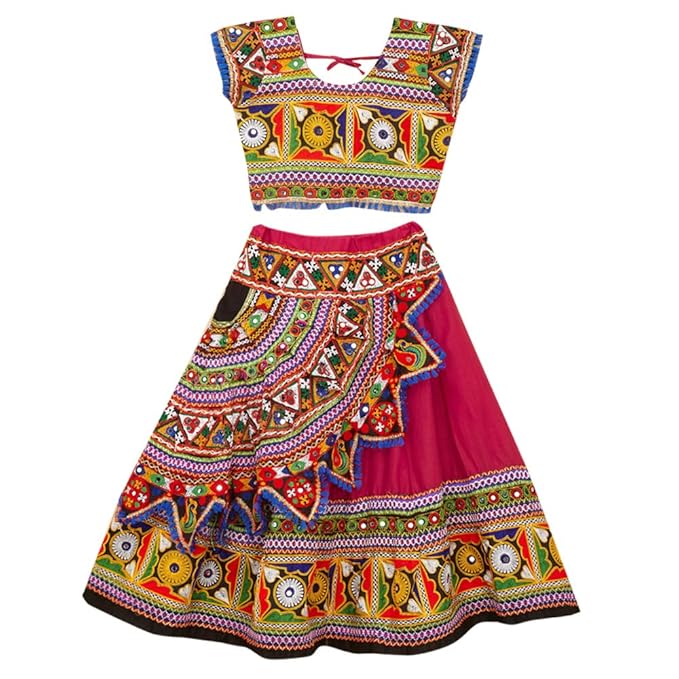 Banjara By Hopscotch Girls 100% Cotton Kutchi Embroidered Chaniya Choli in Pink Color