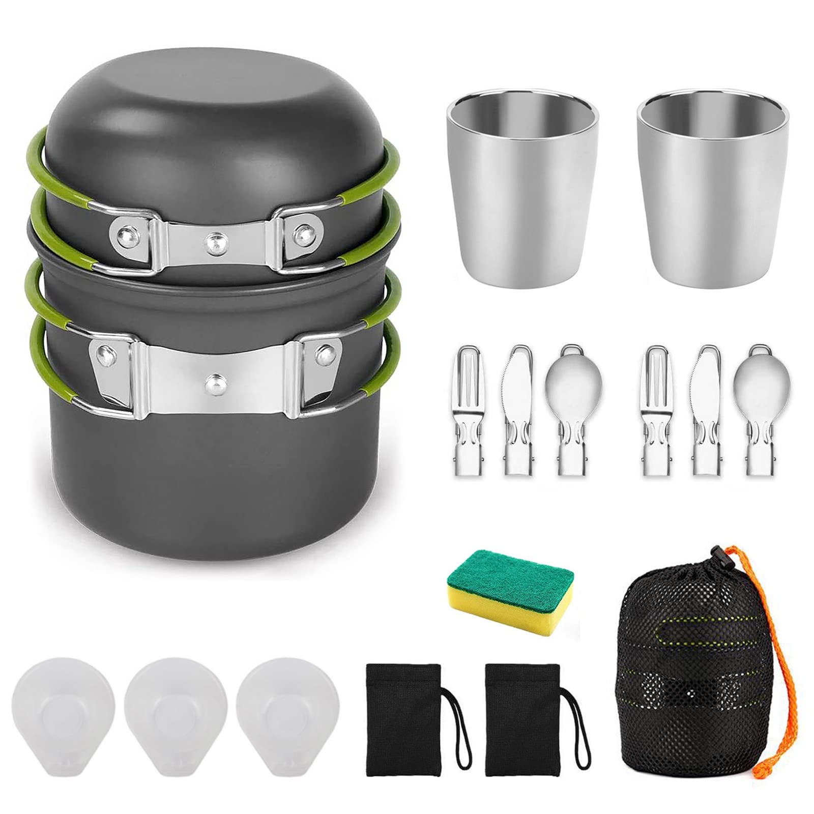 Qupzze Camping Cookware Mess Kit, Cooking Gear for Outdoor, Cooking Equipment with Aluminum Pot and Pan Set, Stainless Steel Cup, Foldable Camping Pots for Hiking, Picnic, Campfire