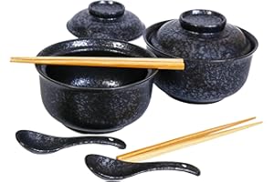 Ceraozmus Ceramic Ramen Bowl Set, 800ml, with Lid, Spoon and Chopsticks, Japanese Vintage Large Soup Bowls Instant Noodle Bow