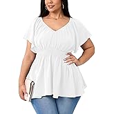 Womens Plus Size Tops V Neck Short Sleeve Blouse Babydoll Ruffle Peplum Smocked Dressy Casual Summer Top