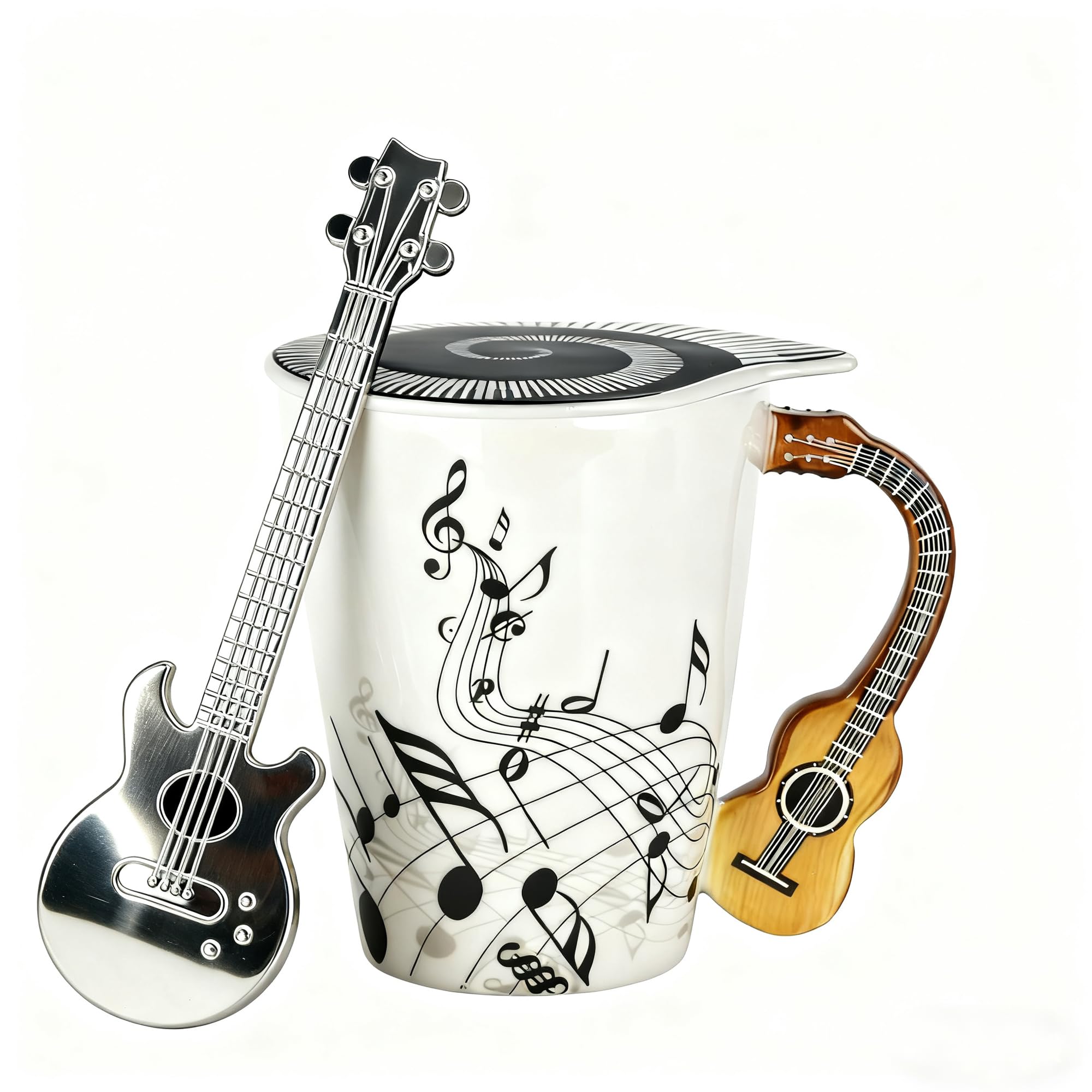 Photo 1 of 14 Oz Guitar Novelty Mug Unique Musical Gift Coffee Cup with Cool Music Themed Lid,Guitar Handle and Spoon,Musician Gift,Music Coffee Mug Christmas Birthday Gifts for Men Women,Teacher