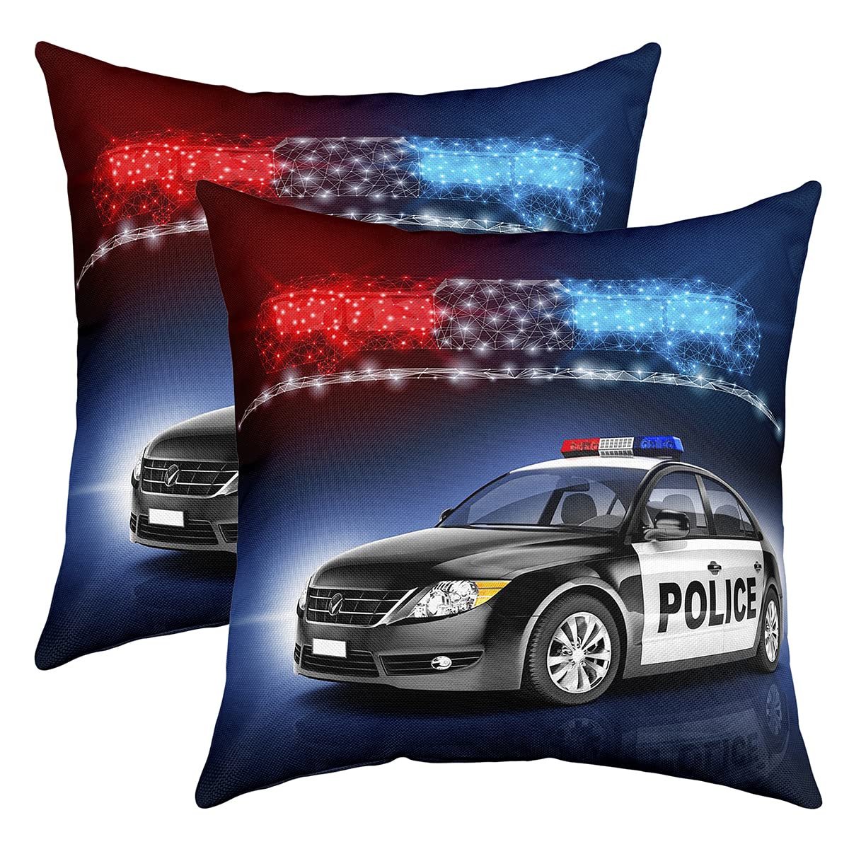 Homewish Boys Police Car Cushion Covers 16x16 Set of 2, Policeman Vehicle Throw Pillow Covers For Bedroom Living Room, Red Blue Cop Lights Decorative Pillow Covers, Geometric Graphic Pillow Covers