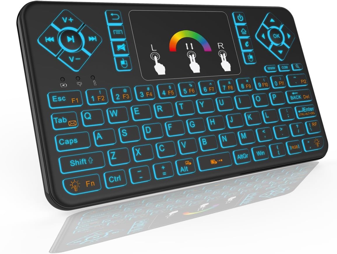 HENRYTECH Mini Wireless Keyboard with Touchpad,2.4GHz Rechargable Li-ion Battery Colorful Backlit Keyboard,Handheld Remote Control for Android TV Box, Windows PC, HTPC, IPTV, Xbox 360, PS3