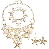 Srazeyo Mermaid Costume Jewelry Set Containing imitation pearl starfish conch shell necklace, bracelet, and earrings Suitable for women Cosplay beach travel beach jewelry