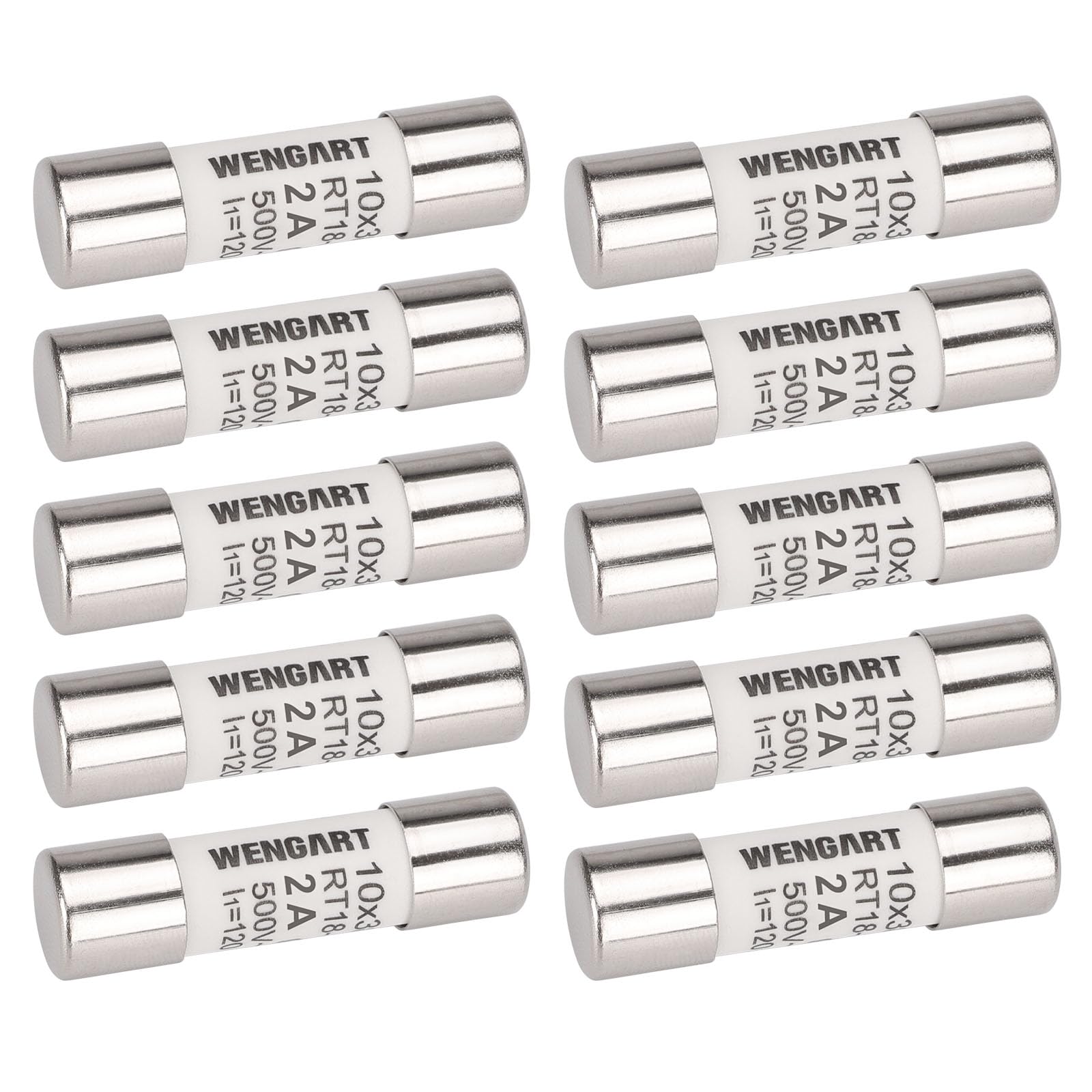 Wengart AC Cylindrical Fuse Link RT18-32 (RO15), AC500V 2A, 120kA, 10x38mm, 10 pieces, Strong Breaking Capacity, Can Reliably Protect The Circuit