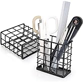 Metal Pencil Holder for Desk, 2 Pack Modern Minimalist Black Wire Pen Organizers with Mesh Bottom for Office Classroom School Home (Grid-like Design)