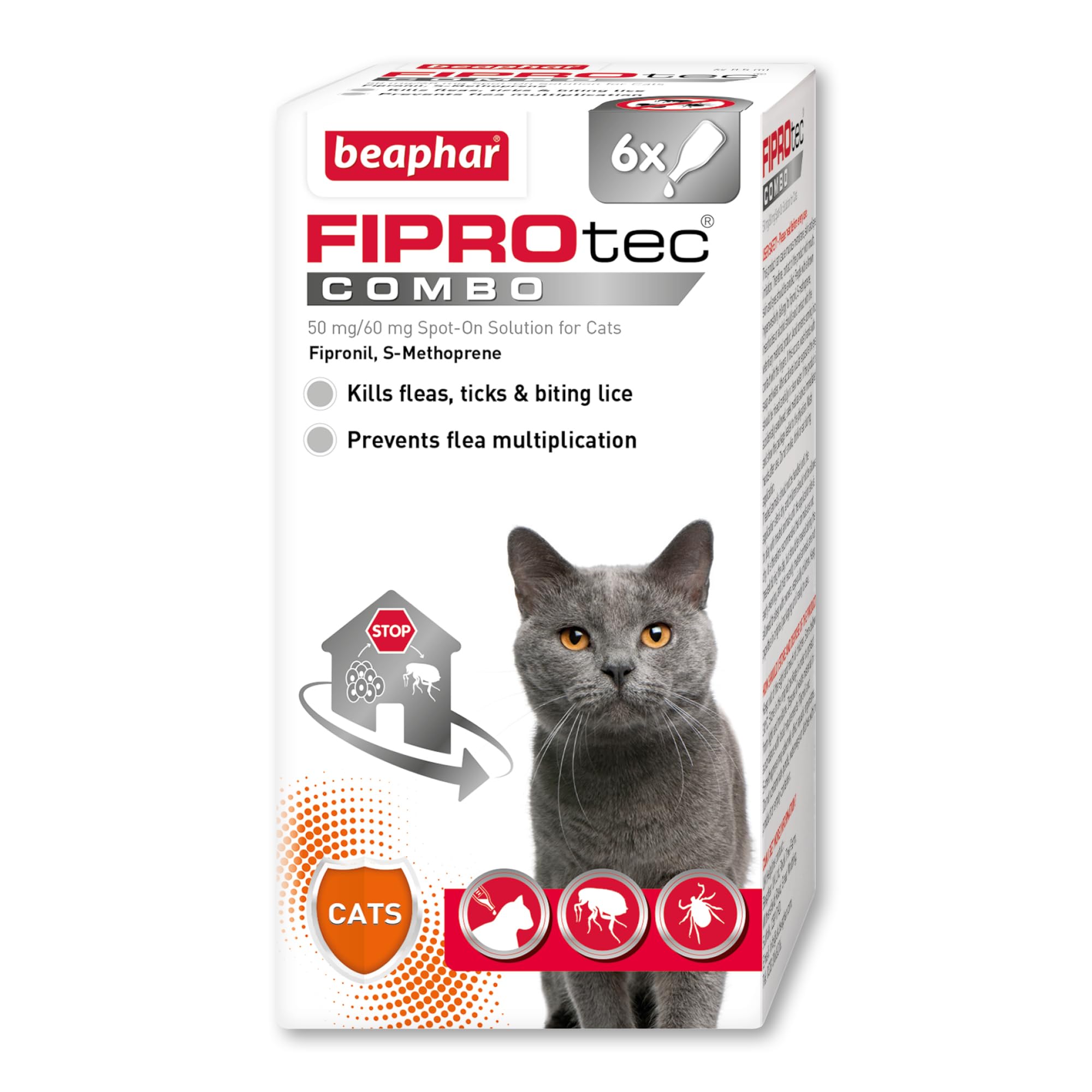 Beaphar - FIPROtec® COMBO for Cats – 6 pipettes - Kills Fleas, Flea Eggs, Flea Larvae & Ticks - Stops Fleas Multiplying on Pet and in Home - Vet Strength Cat Flea Treatment