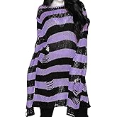 Vinsekep Women's See Through Hole Ripped Striped Long Knit Pullover Dress Sweaters Shirt