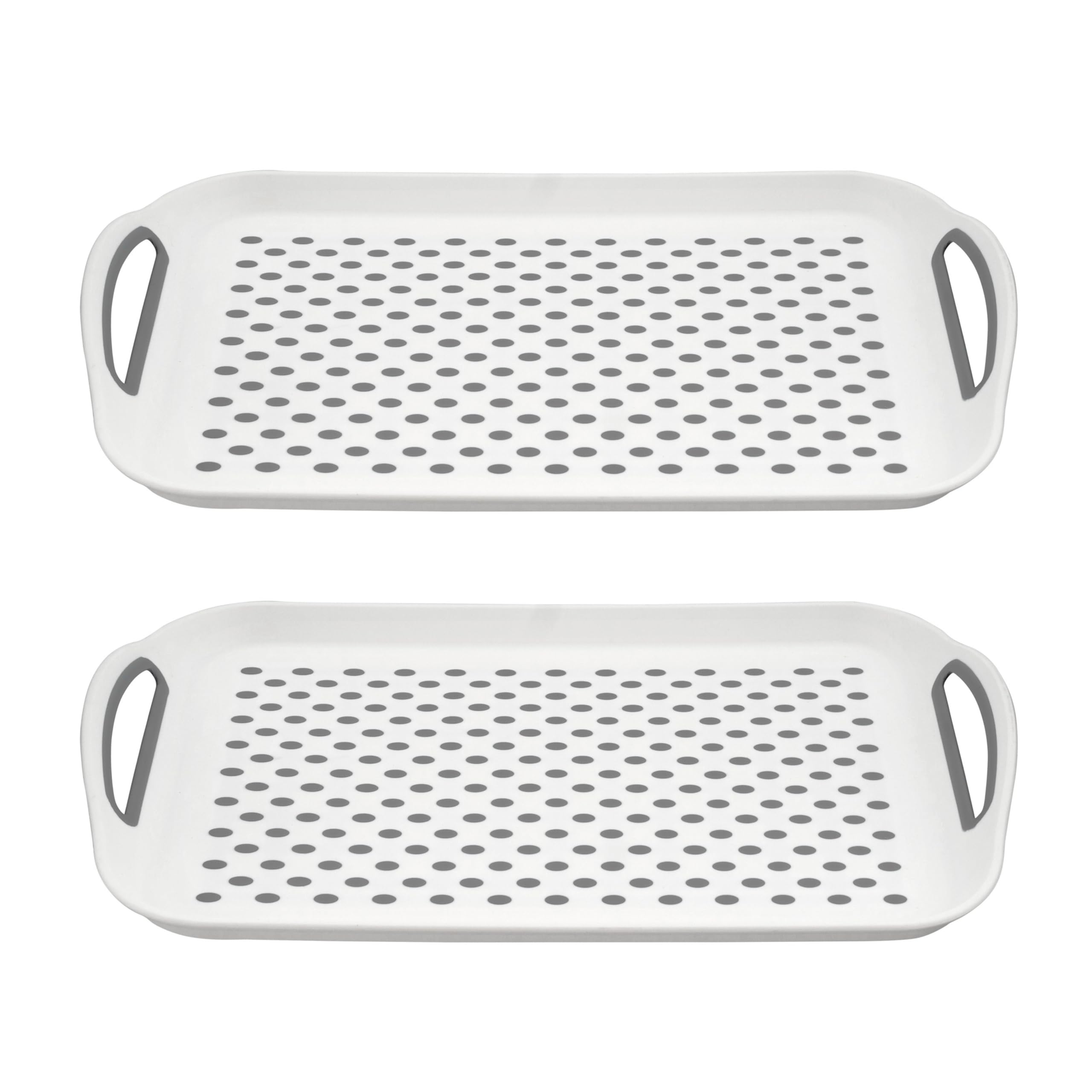 DASHMESH 2 Pack Grey Anti-Slip Rectangular Serving Tray Non-Slip Top & Bottom Plastic Dinner/Drinks Trays with High Grip Silicone Rubber Surface with Grip Handles