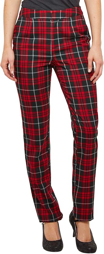 womens red checked trousers